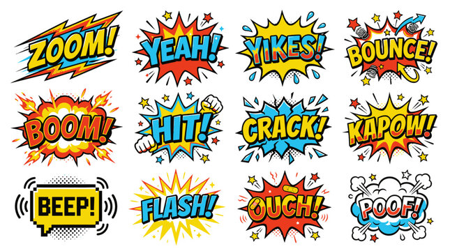 Vibrant comic book action bubbles and sound effects illustration.