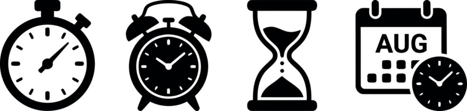 Versatile Vector Icon Collection for Time Management, Productivity, Scheduling, and Deadlines &ndash; Featuring Clocks, Stopwatches, Timers, and Calendar Symbols in a Clean Design