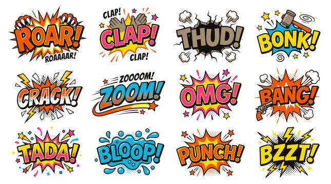 Set of comic book sound effects and speech bubbles.