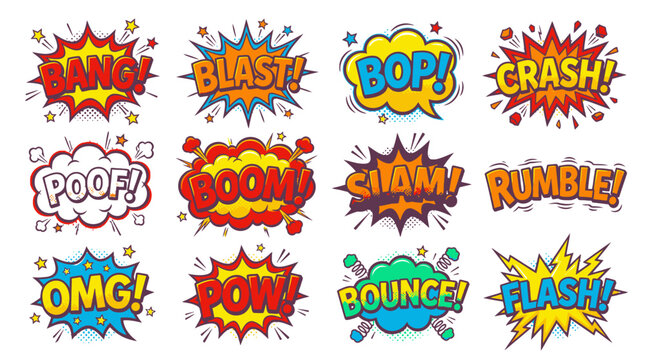Retro comic book action sound effects and speech bubbles.
