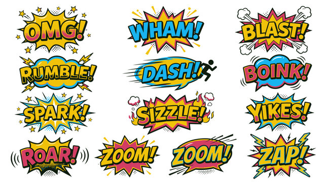 Retro comic book action words and dynamic speech clouds.