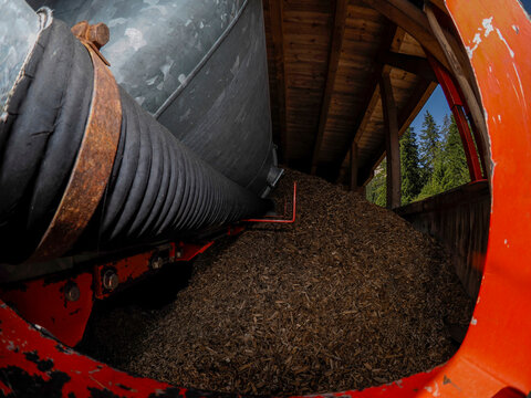 Large Pile of Wood Chips in Barn Storage Beside Trailer Silo for Biomass Fuel