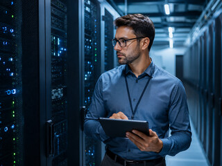 Fototapeta premium IT technician monitoring servers in modern data center