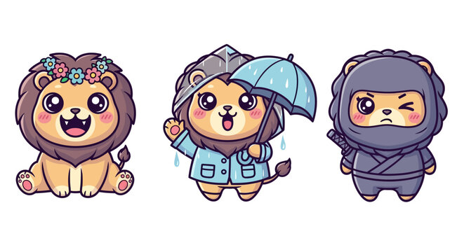 Cute Cartoon Lion Cat and Ninja Characters.