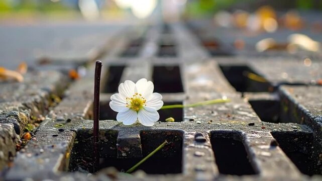 A single white flower grows through a metal street drain grate