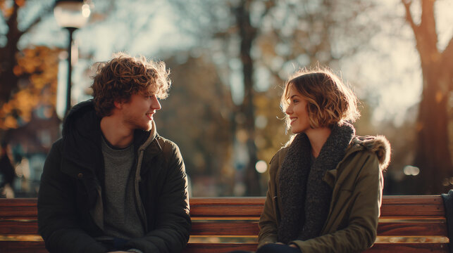 Young couple sitting on a park bench for relationship concept background