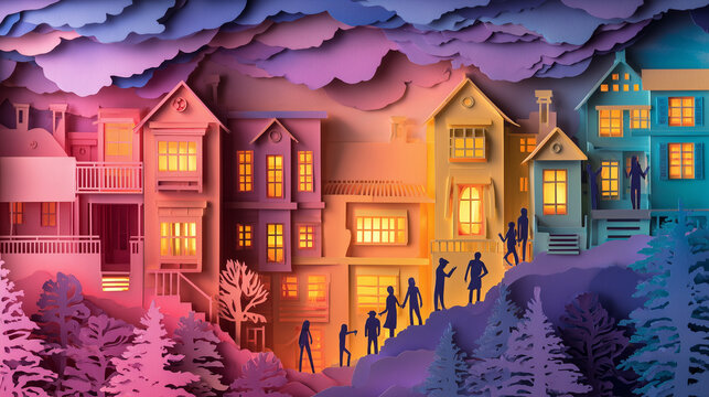 Paper cut shadowbox art of a neighborhood with people on their doorsteps for wallpaper