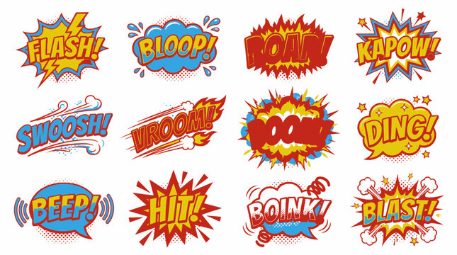 Retro comic speech bubbles with onomatopoeia like Flash and Blast.