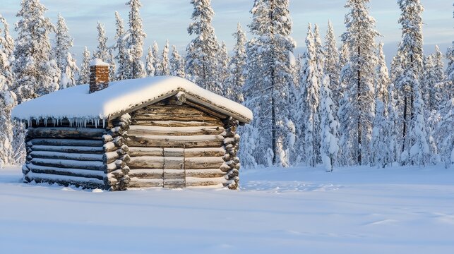 blockhouse. Square log blockhouse isolated in a snow-covered wilderness, soft winter light, desolate landscape. travel magazines, destination branding, designed for travel destination branding.