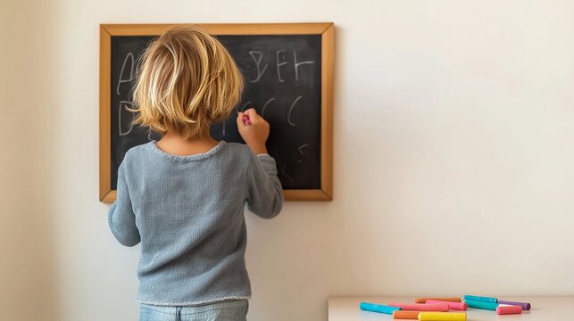 Young child creating ABC letters on a chalkboard at home, engaging in early childhood education and developing writing skills