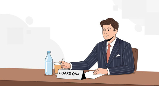 Businessman in Suit at Board Q&A Session, Taking Notes