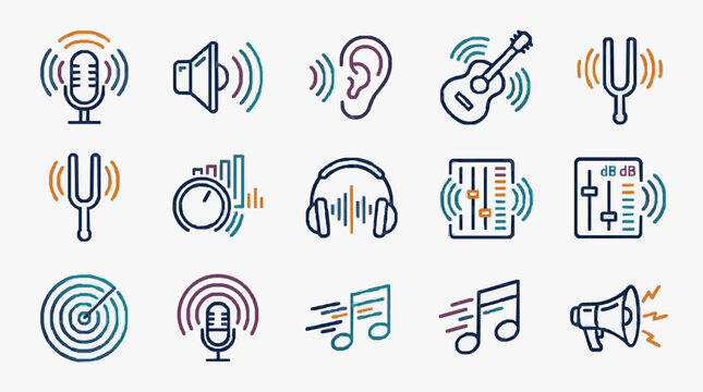 Colorful Audio Music Media Icons Set.
