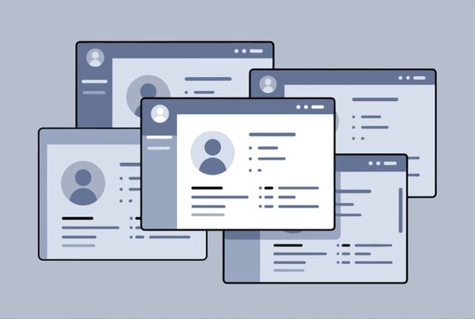 Multiple user profile cards overlapping each other representing a digital social network or professional database.