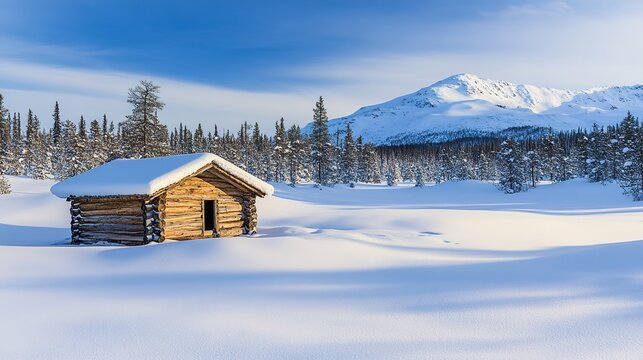 blockhouse. Square log blockhouse isolated in a snow-covered wilderness, soft winter light, desolate landscape. travel magazines, destination branding, designed for travel destination branding.