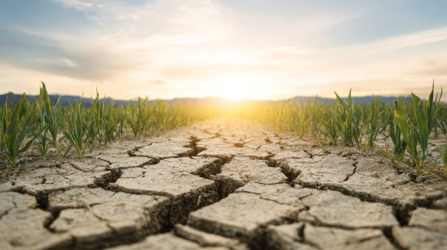 Young green crops growing on arid land under a vibrant sunset, showing global food crisis and environmental challenges