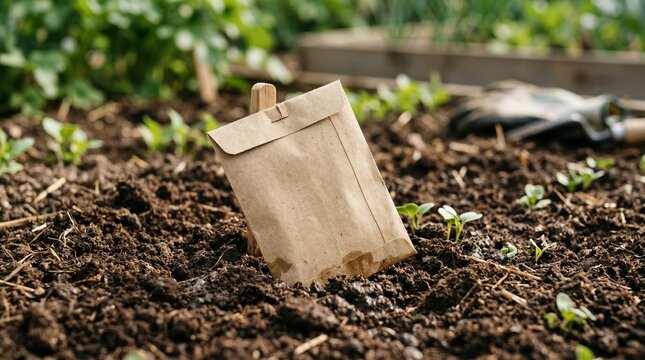 Seed packets are arranged neatly on a soil background with garden tools