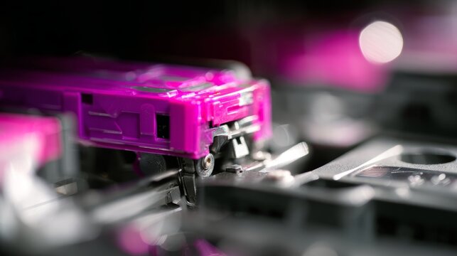 Toner cartridge operating within a printer assembly. Focusing on essential magenta plastic and metal components for modern printing