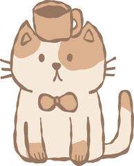 Hand Drawn Cute Cat with Coffee Cup on Head Illustration © Leafee.Studio