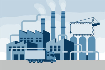 Obraz premium Industrial factory complex with smoking chimneys and a large delivery truck represents manufacturing and logistics.