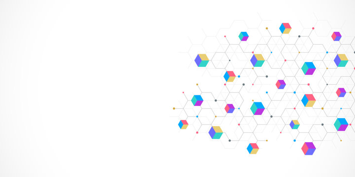 Colorful isometric cubes on hexagon network abstract technology background