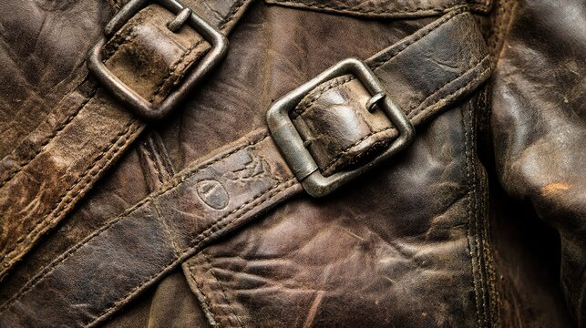 scuff. Close-up of a worn leather jacket with detailed stitching and buckles. travel magazines, destination branding, designed for travel destination branding, elevates destination branding.