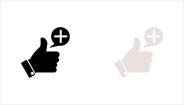 Outline thumbs up icon  set. with plus sign speech bubble representing positive feedback, recommendations, approval, customer satisfaction, social engagement, and user ratings.
