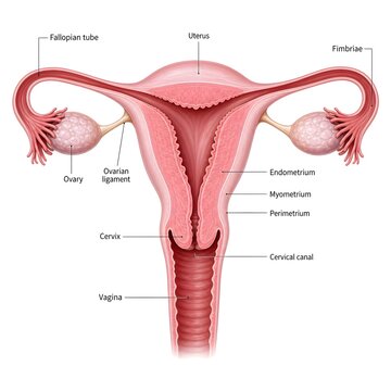 Anatomical illustration of the female reproductive system with labels.