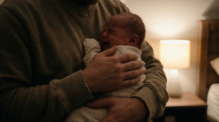 Fototapeta premium Newborn baby crying in father's arms at home during nighttime.
