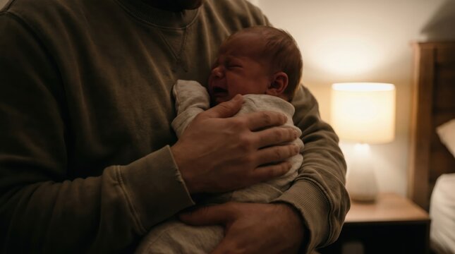 Newborn baby crying in father's arms at home during nighttime.