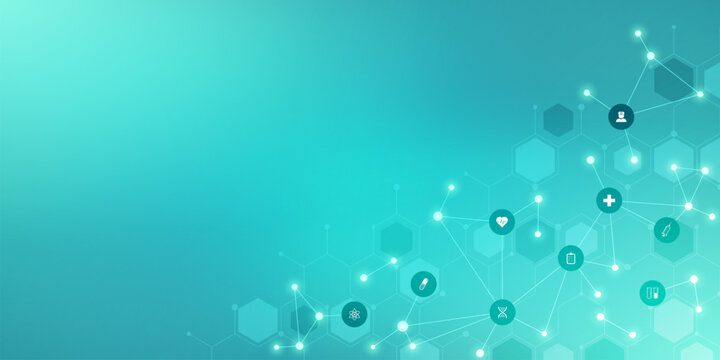 Medical background and healthcare technology with flat icons and symbols. Concept and idea for health care business, innovation medicine, health safety, science, medical research, and development.