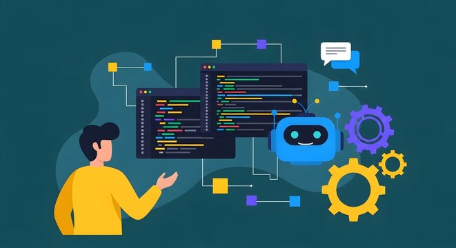 Man interacting with artificial intelligence and software code