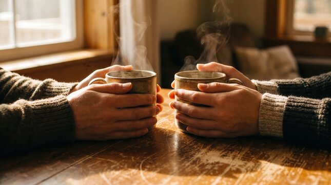 Two people holding steaming mugs of hot coffee or tea on a wooden table, enjoying a warm drink together.