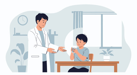 Fototapeta premium Doctor Advising Young Patient Sitting at Desk in Clinic Room
