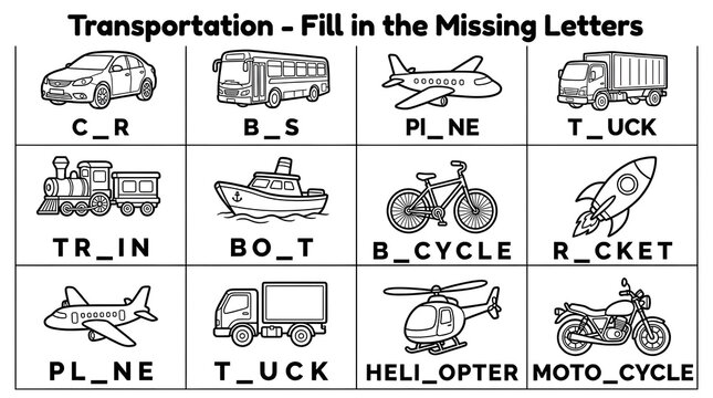 Educational transportation worksheet for kids, fill in the missing letters activity with black and white line