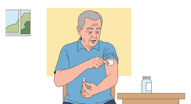 Elderly man applying pain relief patch to arm, medical care, patient at home