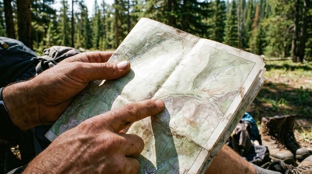 Hiker's hands holding and pointing at a paper map in a forest, planning the route for a wilderness adventure.