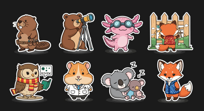 Colorful cartoon animal characters in various professions and activities.