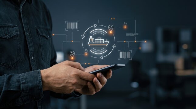 Businessman manages global maritime shipping logistics using a futuristic smartphone. Wallpaper Background image