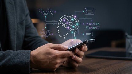 Obraz premium Businessman using a smartphone displaying a glowing AI brain and data analysis icons Wallpaper Background image