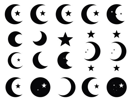 A collection of black crescent moons and stars on white background