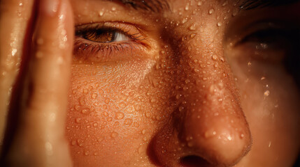 Fototapeta premium Close-up of a woman's face covered in sweat, showing the texture of water droplets on skin and expressing the feeling of heat and exertion.