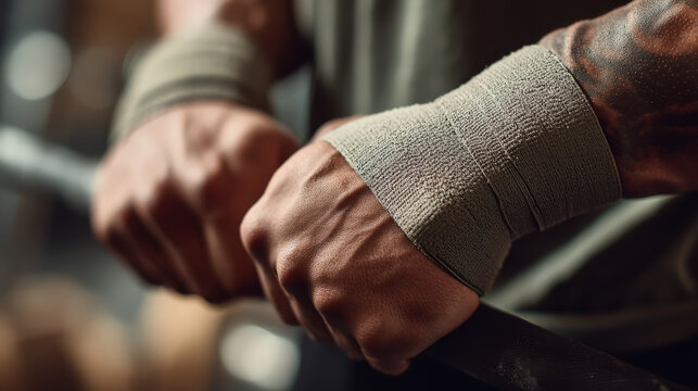 Close-up of a muscular person's hands, wrapped in athletic tape, gripping a barbell. The focus is on the strength, determination, and dedication of an athlete preparing for a rigorous workout.