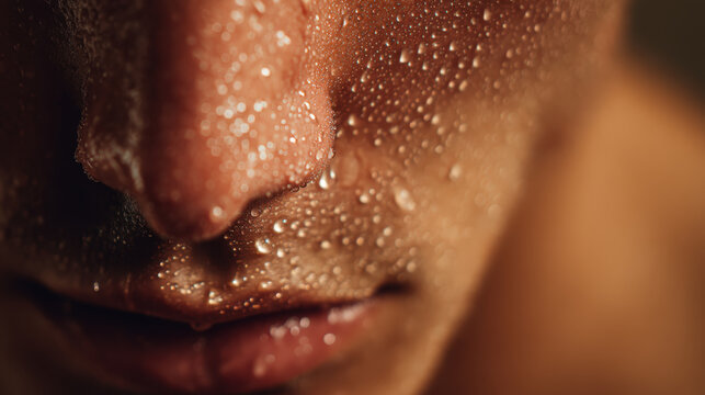 Close up of a man's face covered in sweat drops, emphasizing exertion and intense effort in a sport or workout.