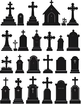 A collection of black silhouettes of various tombstones and crosses on a white background