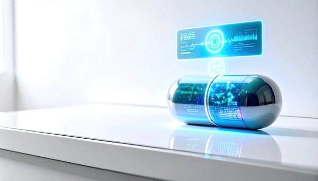 Futuristic capsule with glowing blue interface.