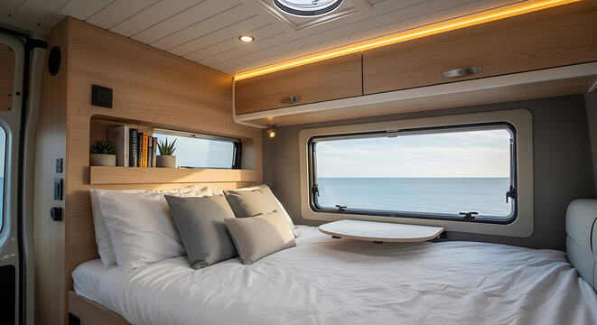 Cozy bed in modern camper van interior - A neatly made bed inside a stylish, compact camper van with wooden shelves and ambient lighting for a comfortable travel experience.