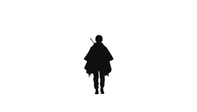 Person standing in a poncho silhouette represents a mysterious individual figure isolated against a clean white background to emphasize form and minimalist artistic expression.
