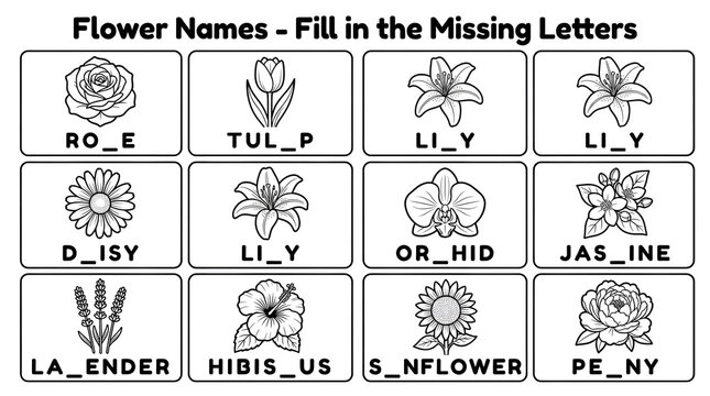 Flower names spelling worksheet featuring twelve black and white line flower with missing letters education