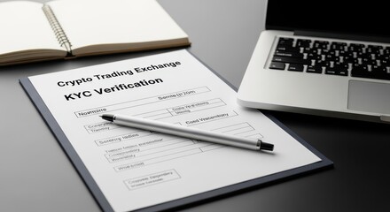 Obraz premium Cryptocurrency Trading Exchange KYC Verification Document with Laptop and Pen
