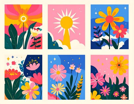 A collection of six vibrant floral illustrations with varying flowers and skies